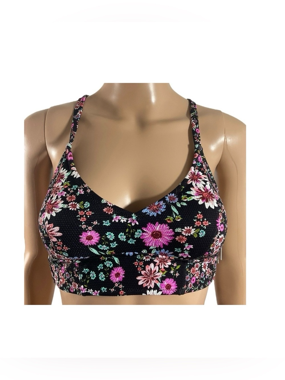 NWT Jessica Simpson Black Floral Multi Crisscross Back Bralette Bikini Top Small
